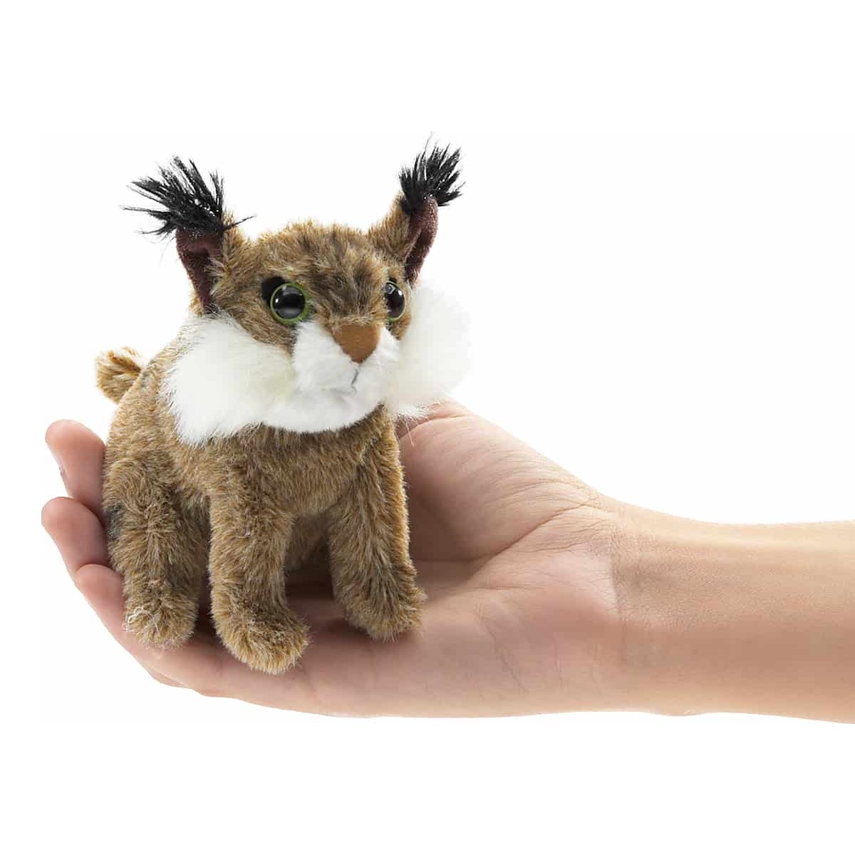 Folkmanis Mini-Fingerpuppe Rotluchs mit geflecktem Fell, schwarzen Pinselohren und weißem Backenbart, auf einer Handfläche
