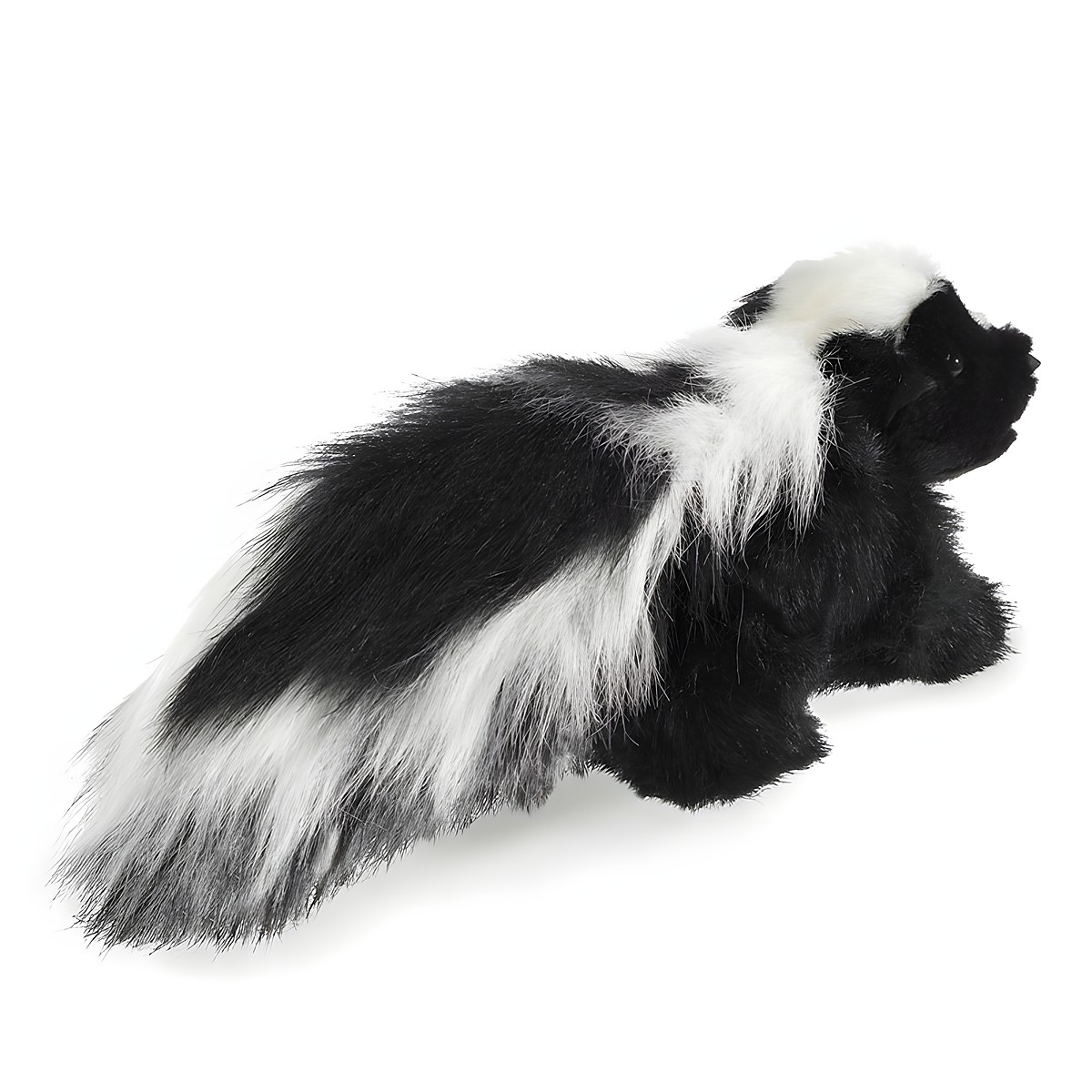 Folkmanis skunk hand puppet in black and white with a bushy tail, standing in side view