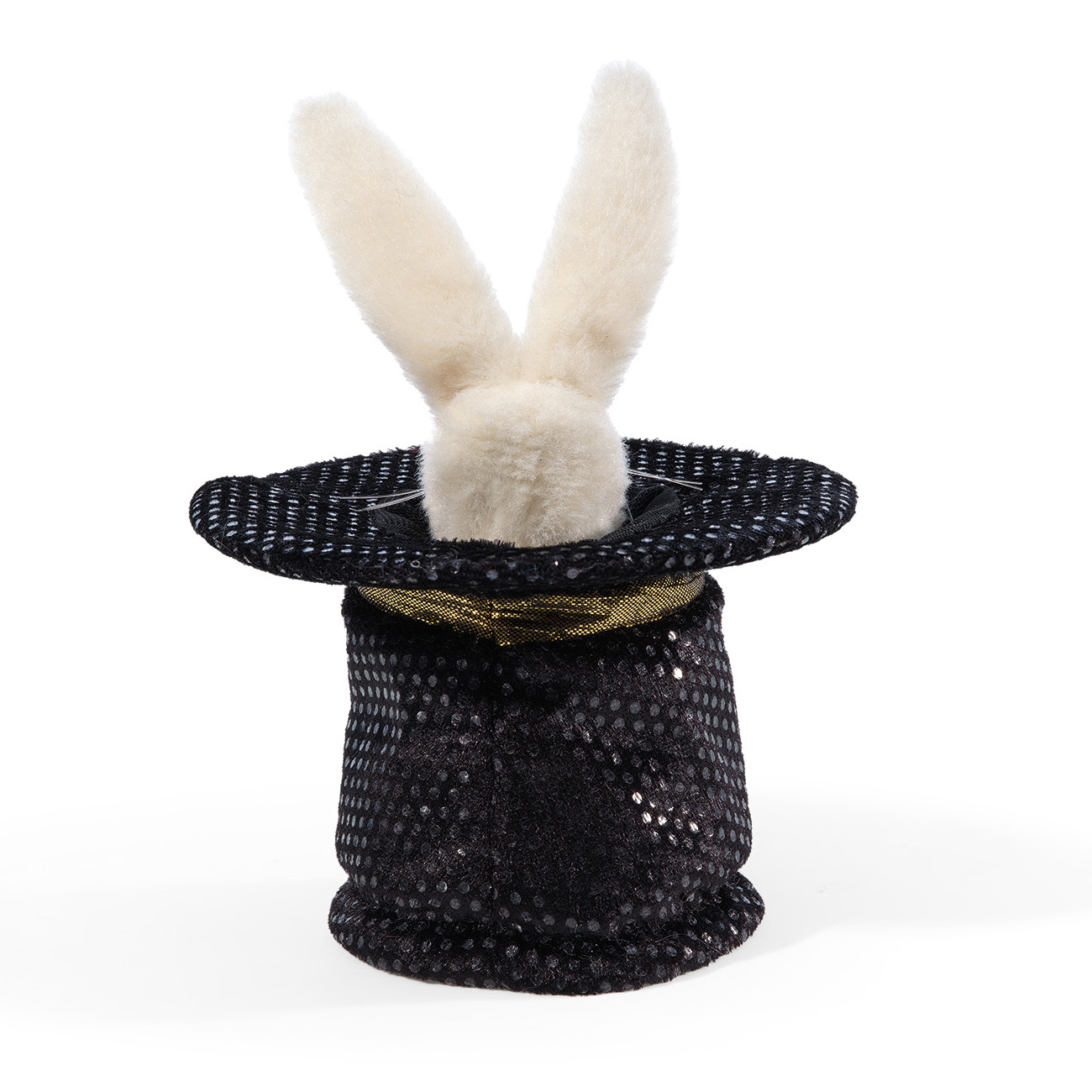 Folkmanis Mini Magic Hat finger puppet: white plush bunny peeking out of a black sequin top hat with a gold band