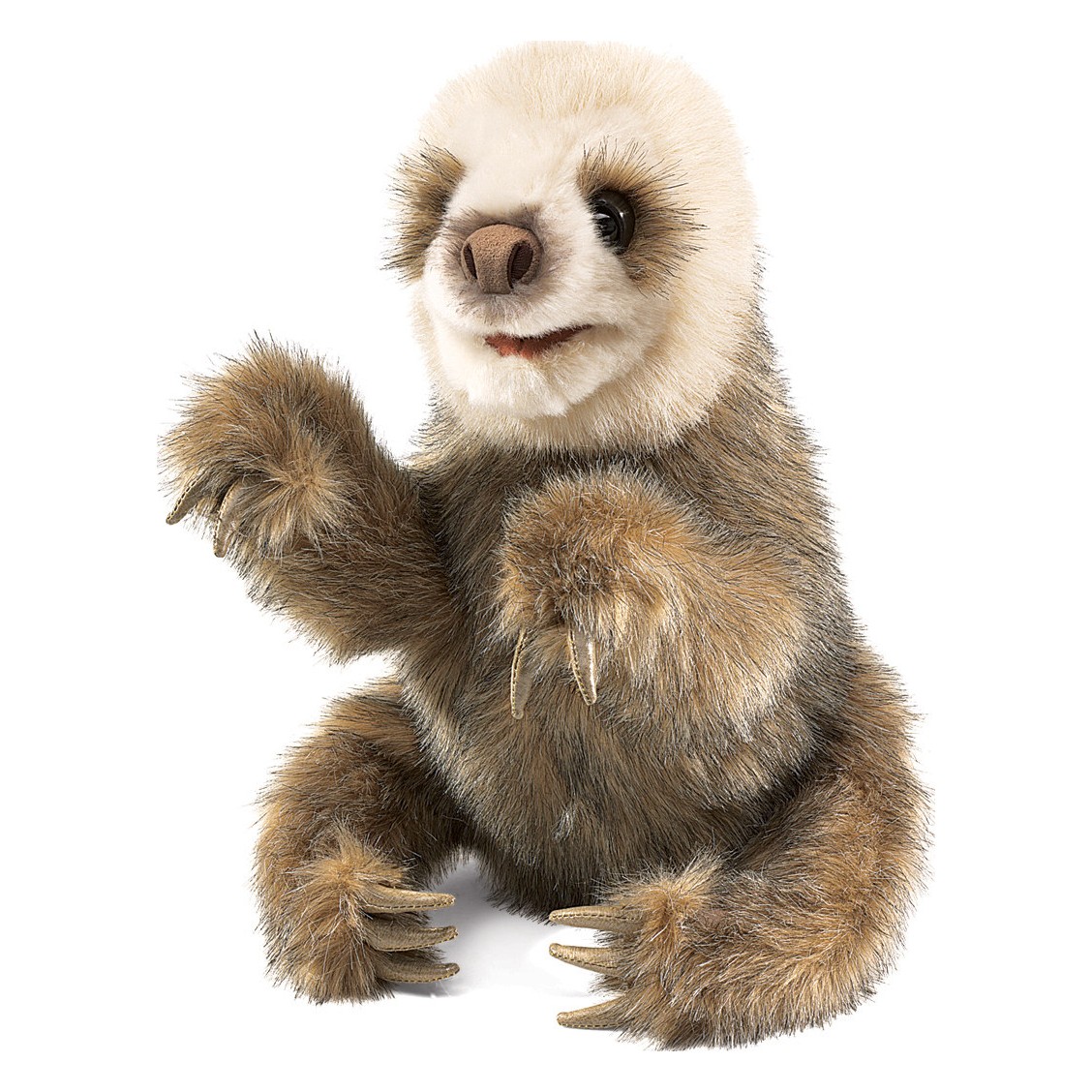 Folkmanis Handpuppe Faultierbaby sitzend, braun-beiges Fell, erhobene Klaue, Frontalansicht