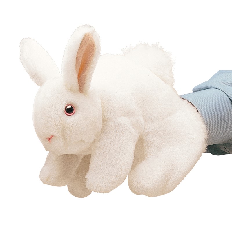 Folkmanis Handpuppe weißes Kaninchen mit rosa Augen und aufrechten Ohren, auf einer Hand geführt, Seitenansicht