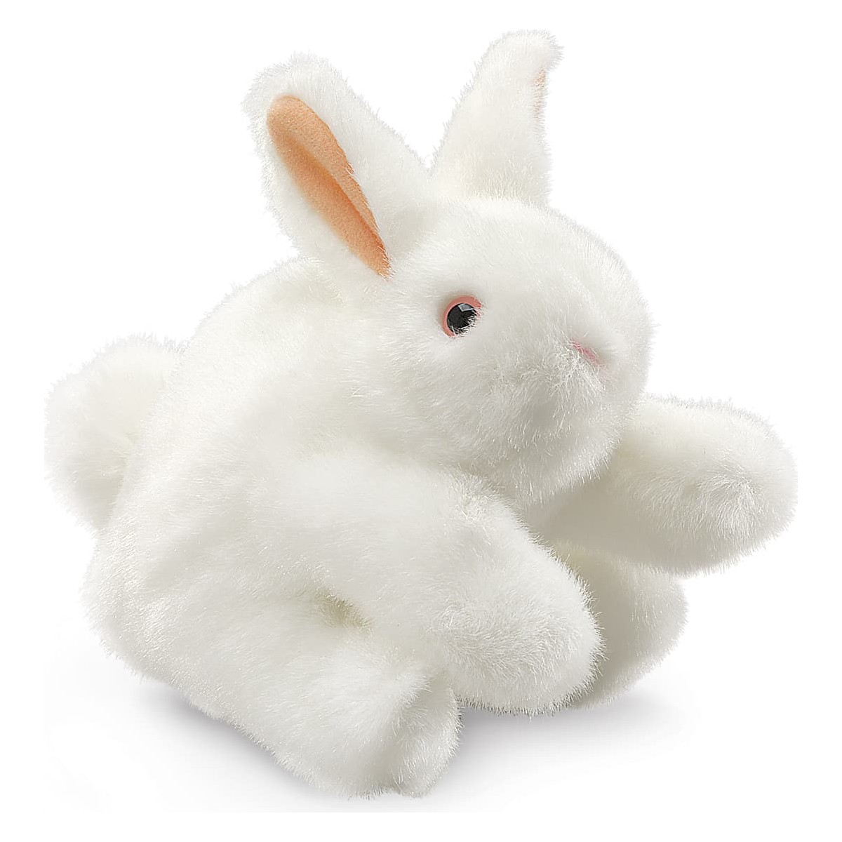 Folkmanis Handpuppe weißes Kaninchen mit rosa Augen und aufrechten Ohren, auf einer Hand geführt, Seitenansicht