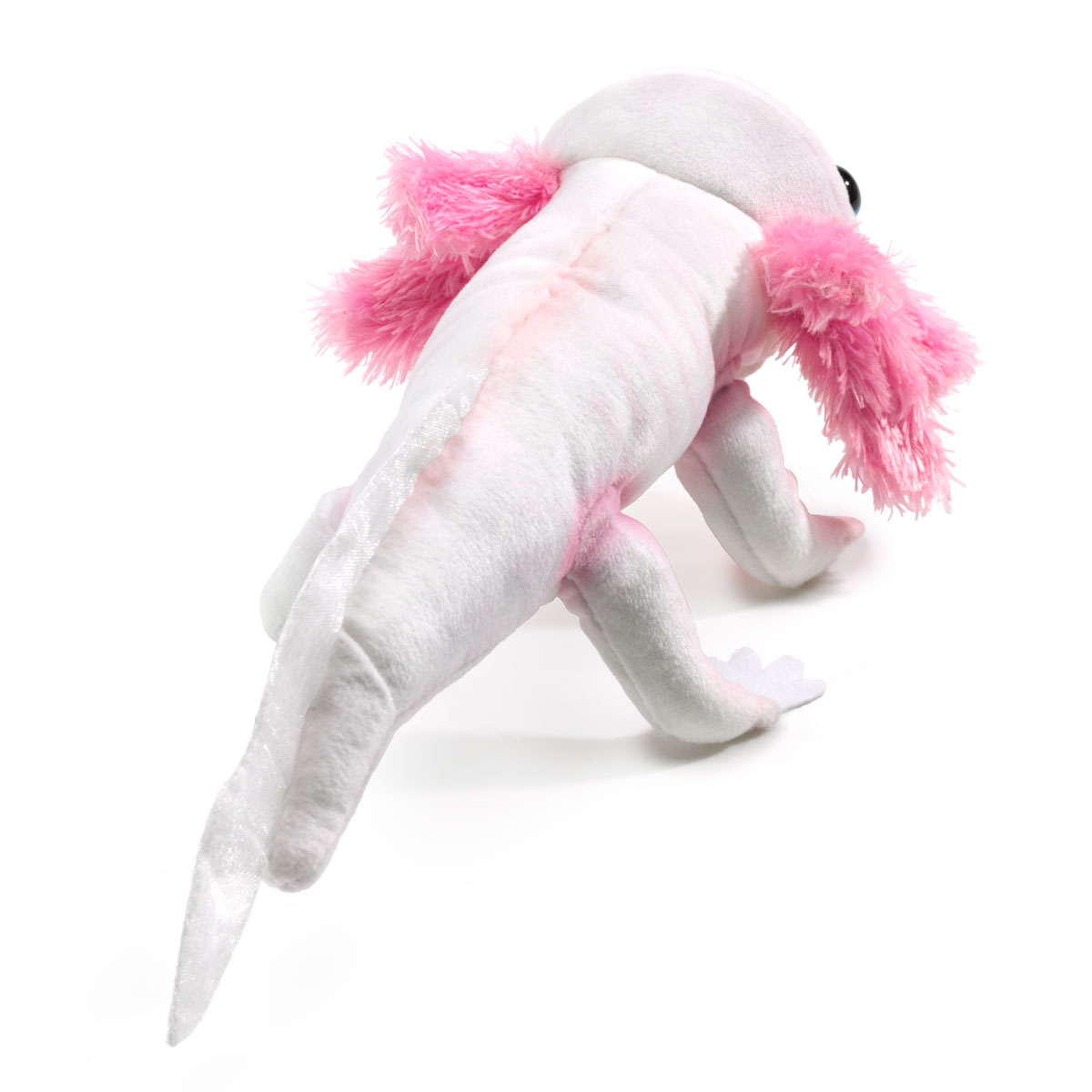 Folkmanis finger puppet axolotl in white with pink gill tufts, side view on a white background