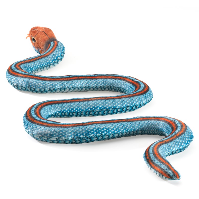 Folkmanis finger puppet garter snake in blue with red-orange longitudinal stripes and a red head, coiled in an S-shape