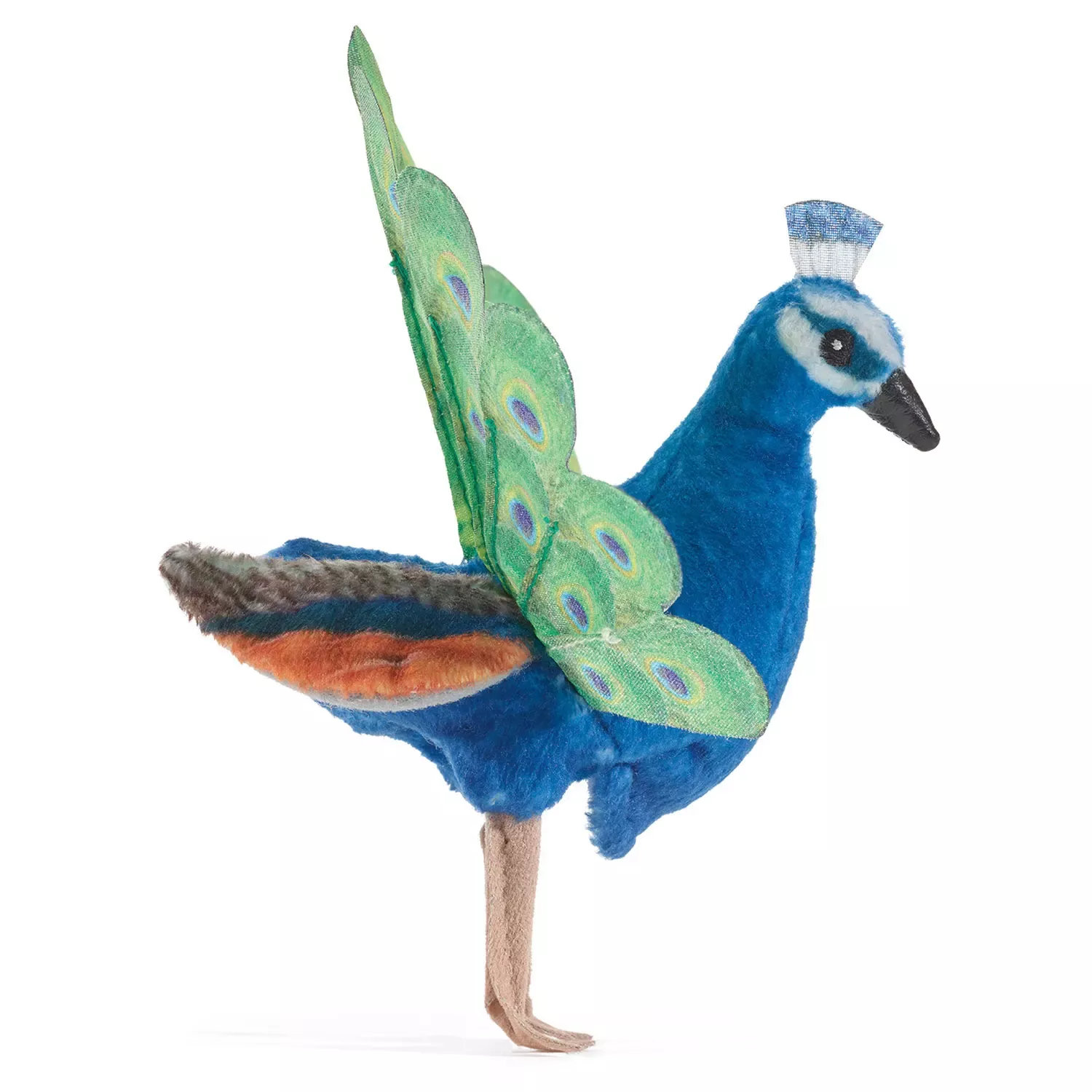Folkmanis Fingerpuppe mini Pfau in leuchtendem Blau mit grün-gemusterten Schwanzfedern aus Stoff, Seitenansicht