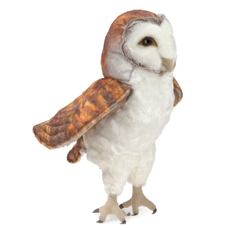 Folkmanis Handpuppe Schleiereule mit weißem Bauch, rostbraunem Gefieder und herzförmigem Gesicht, ein Flügel leicht ausgestellt