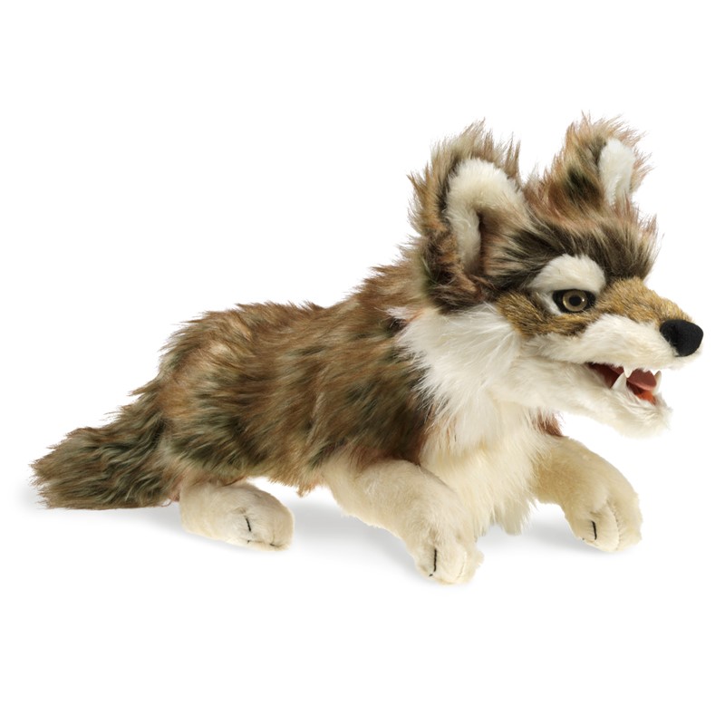 Folkmanis Handpuppe Grauwolf mit braun-grauem Fell, geöffnetem Maul und Zähnen, liegend in Seitenansicht