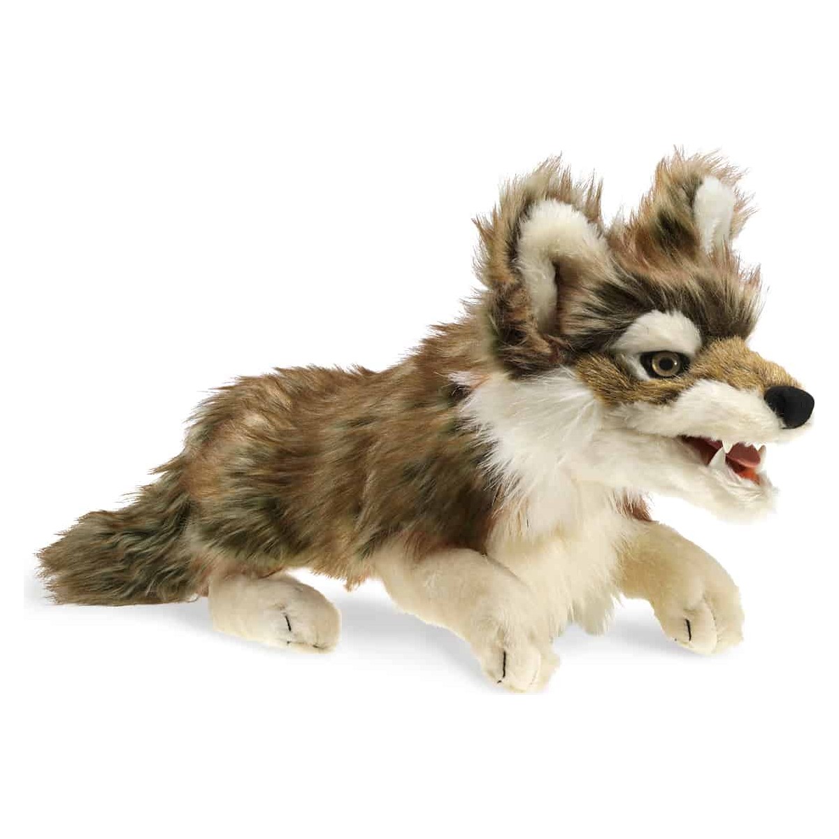 Folkmanis Handpuppe Grauwolf mit braun-grauem Fell, geöffnetem Maul und Zähnen, liegend in Seitenansicht
