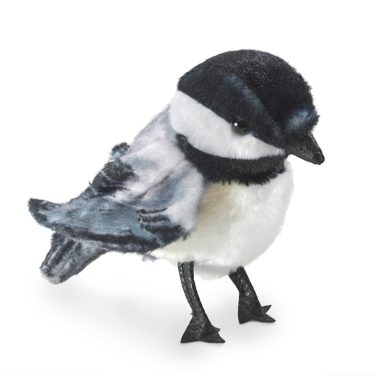 Folkmanis Fingerpuppe Mini-Meise in Seitenansicht, weißer Bauch, blau-schwarzes Gefieder, schwarze Beinchen