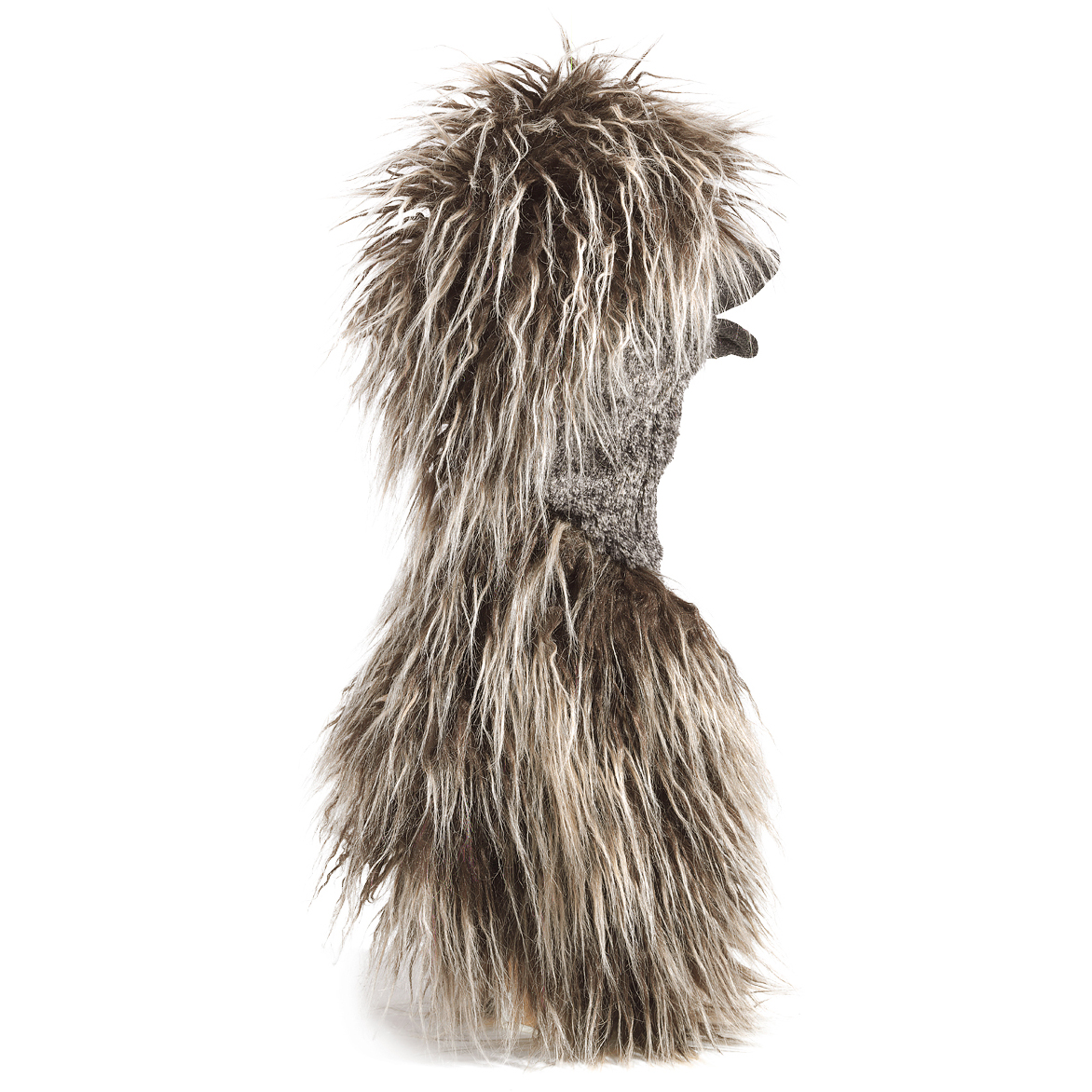 Folkmanis Handpuppe Emu in Seitenansicht mit zottigem braun-beigem Gefieder und sichtbarem Schnabel