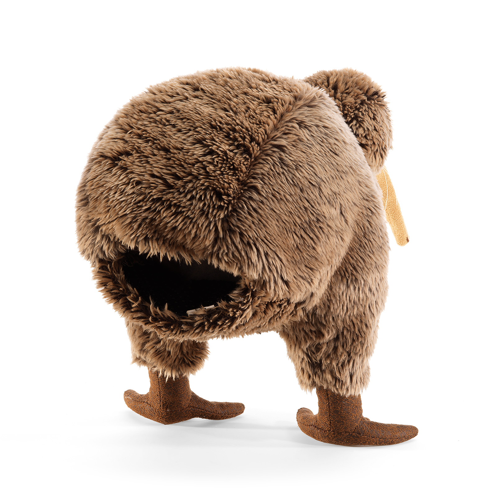 Folkmanis Handpuppe Kiwi aus braunem Plüsch, Schrägansicht von hinten mit sichtbarer Handöffnung, braunen Füßen und kurzem Schnabel