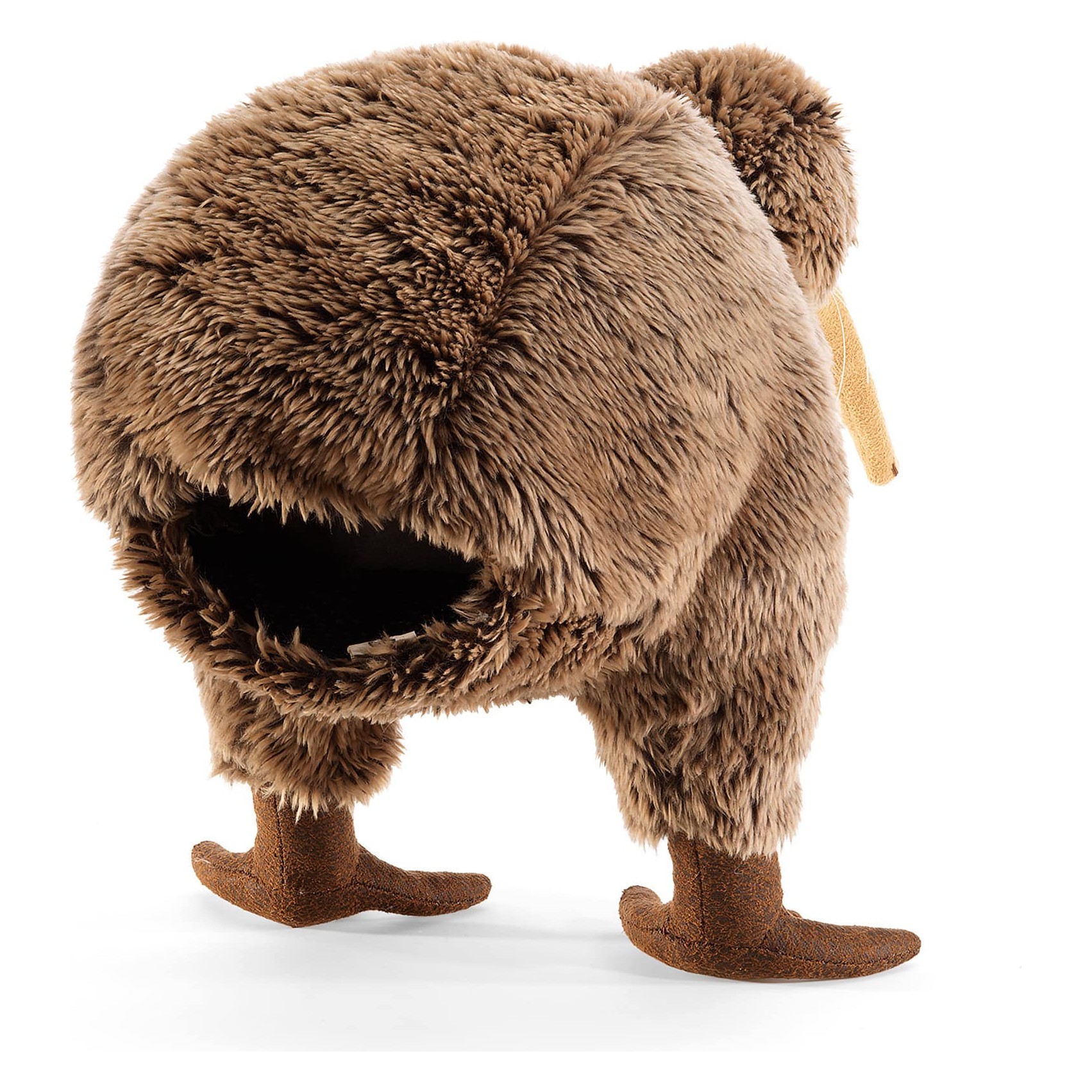 Folkmanis kiwi hand puppet in brown plush, rear three-quarter view showing hand opening, brown feet and short beak