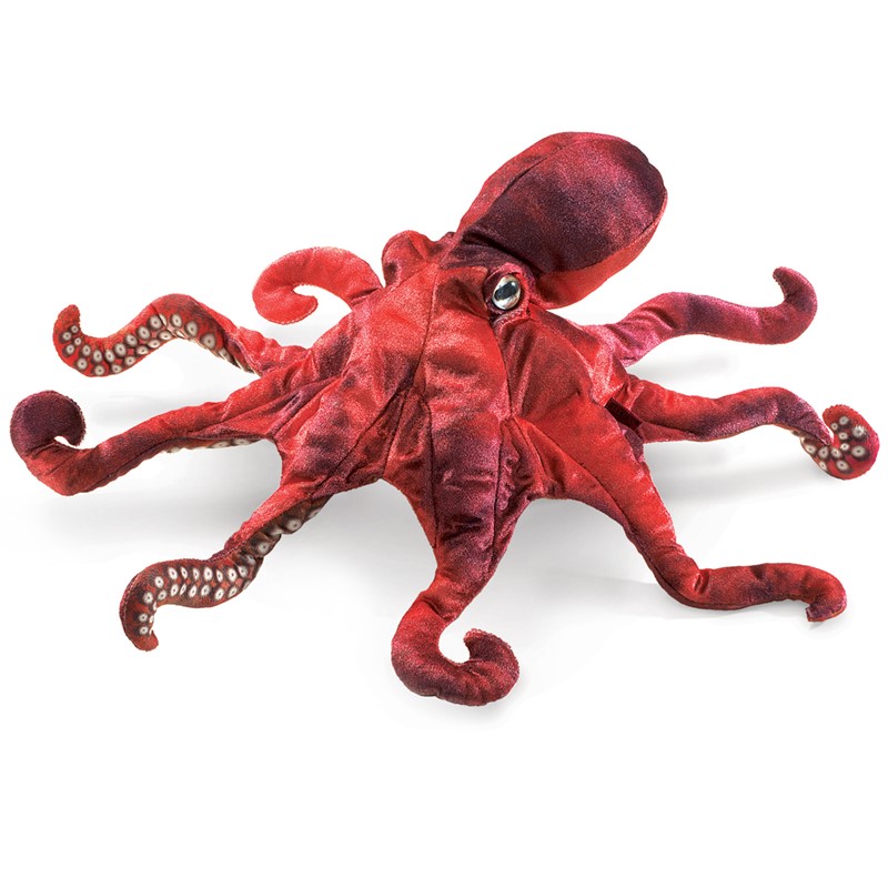 Folkmanis Handpuppe roter Oktopus mit acht gespreizten Tentakeln, silbrig schimmernden Saugnäpfen und glänzendem Auge, Draufsicht