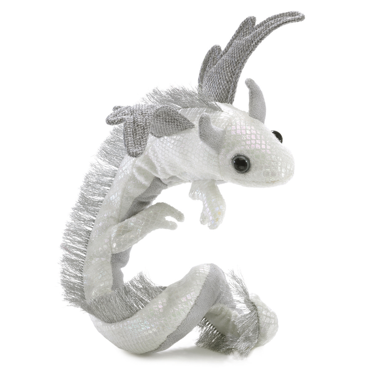 Folkmanis Fingerpuppe Drachen Armband in Weiß-Silber mit schimmernden Schuppen, Mähne und geringeltem Schwanz, Seitenansicht