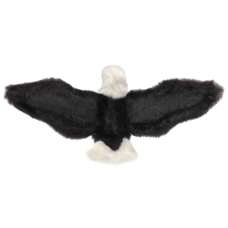 Folkmanis bald eagle hand puppet with outstretched black wings and white head and tail, seen from above