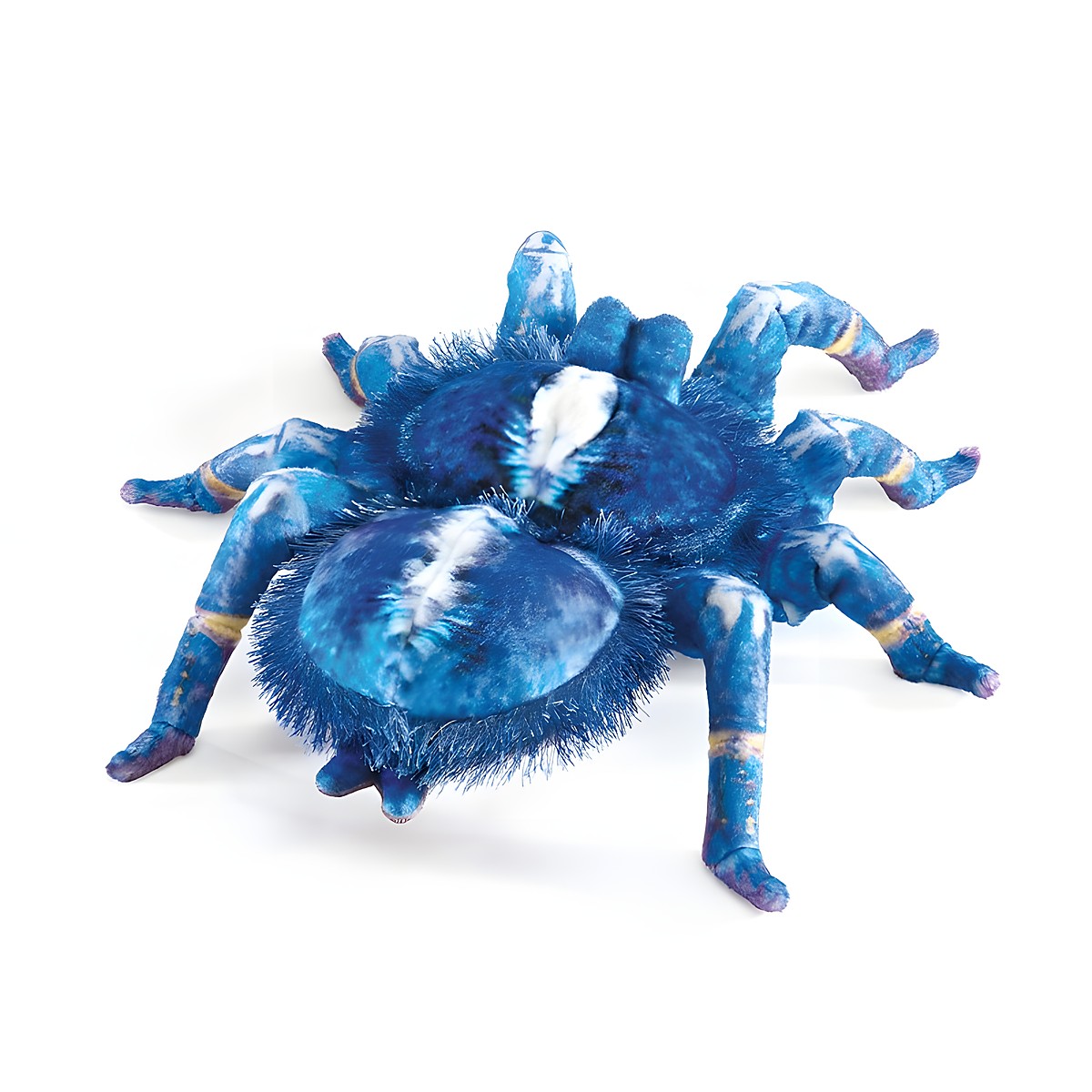 Folkmanis Handpuppe Blaue Vogelspinne mit blau-weißem Fellmuster und acht gegliederten Beinen, Schrägansicht