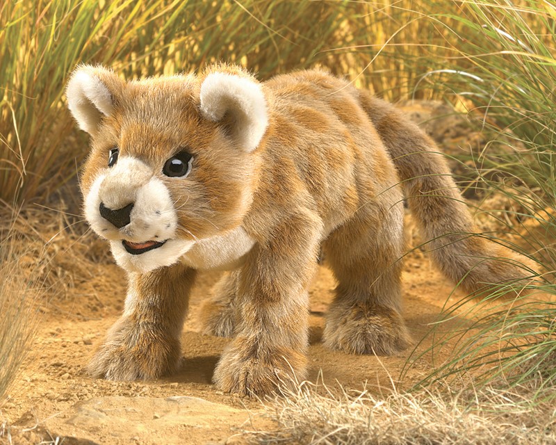 Folkmanis hand puppet lion cub in golden plush, standing, with a light-coloured muzzle area and black eyes, side view