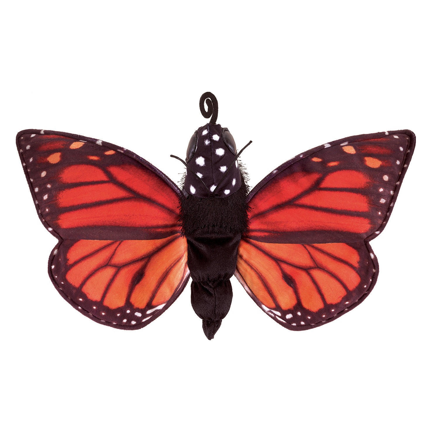 Folkmanis Handpuppe Metamorphose Schmetterling in drei Entwicklungsstadien: Raupe, grüne Puppe mit Reißverschluss und roter Monarch-Falter