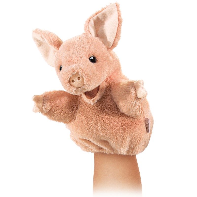 Folkmanis Handpuppe kleines Schwein in Rosa mit geöffnetem Maul auf einer Hand, Seitenansicht
