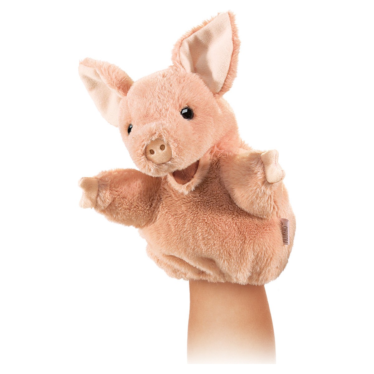 Folkmanis Handpuppe kleines Schwein in Rosa mit geöffnetem Maul auf einer Hand, Seitenansicht