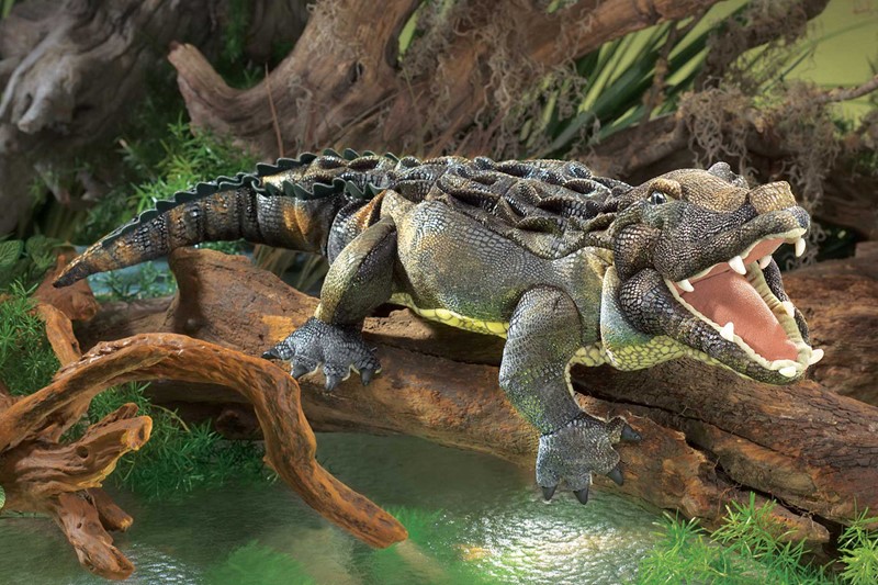 Folkmanis hand puppet American alligator with open mouth and detailed scale texture, posed on a branch over water