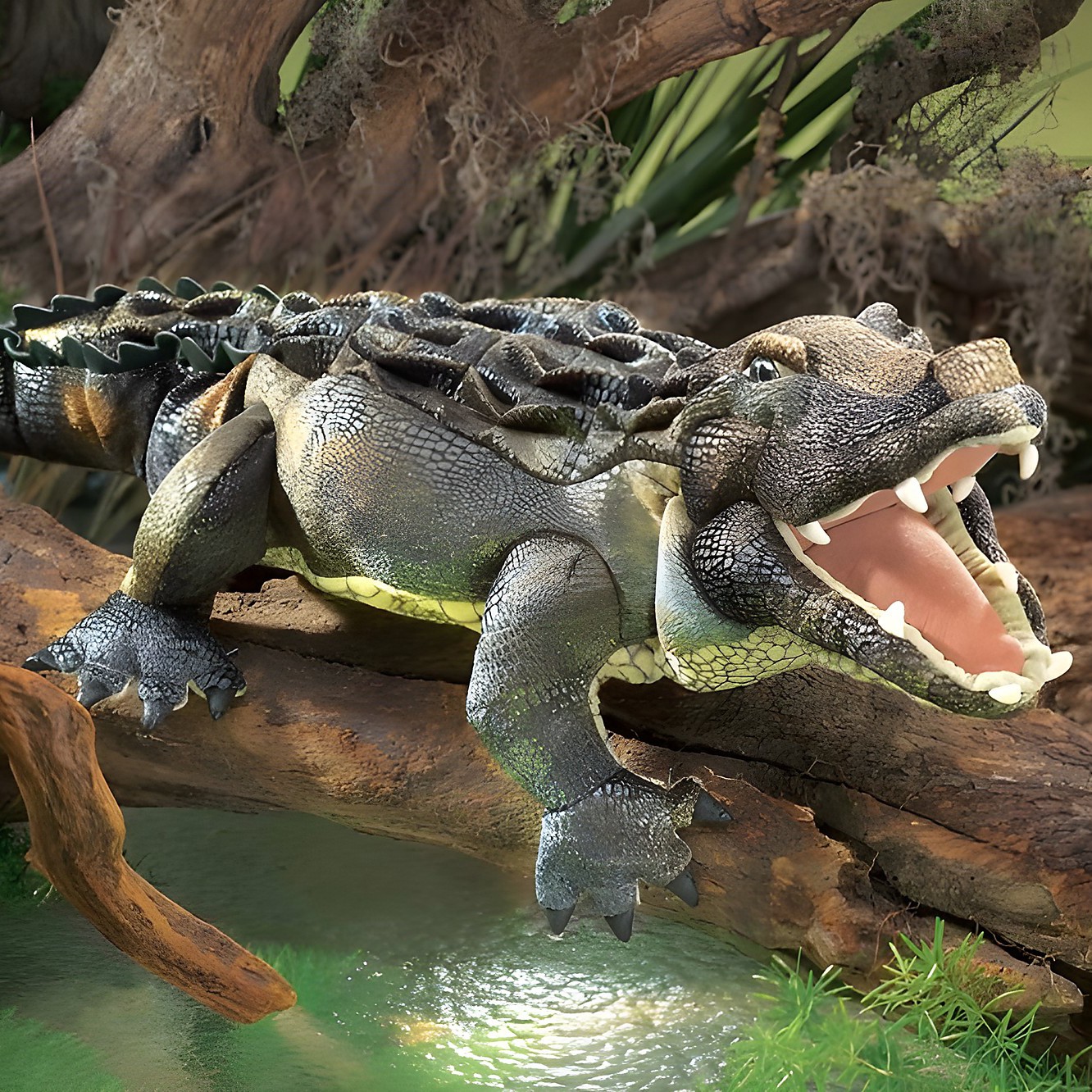 Folkmanis hand puppet American alligator with open mouth and detailed scale texture, posed on a branch over water