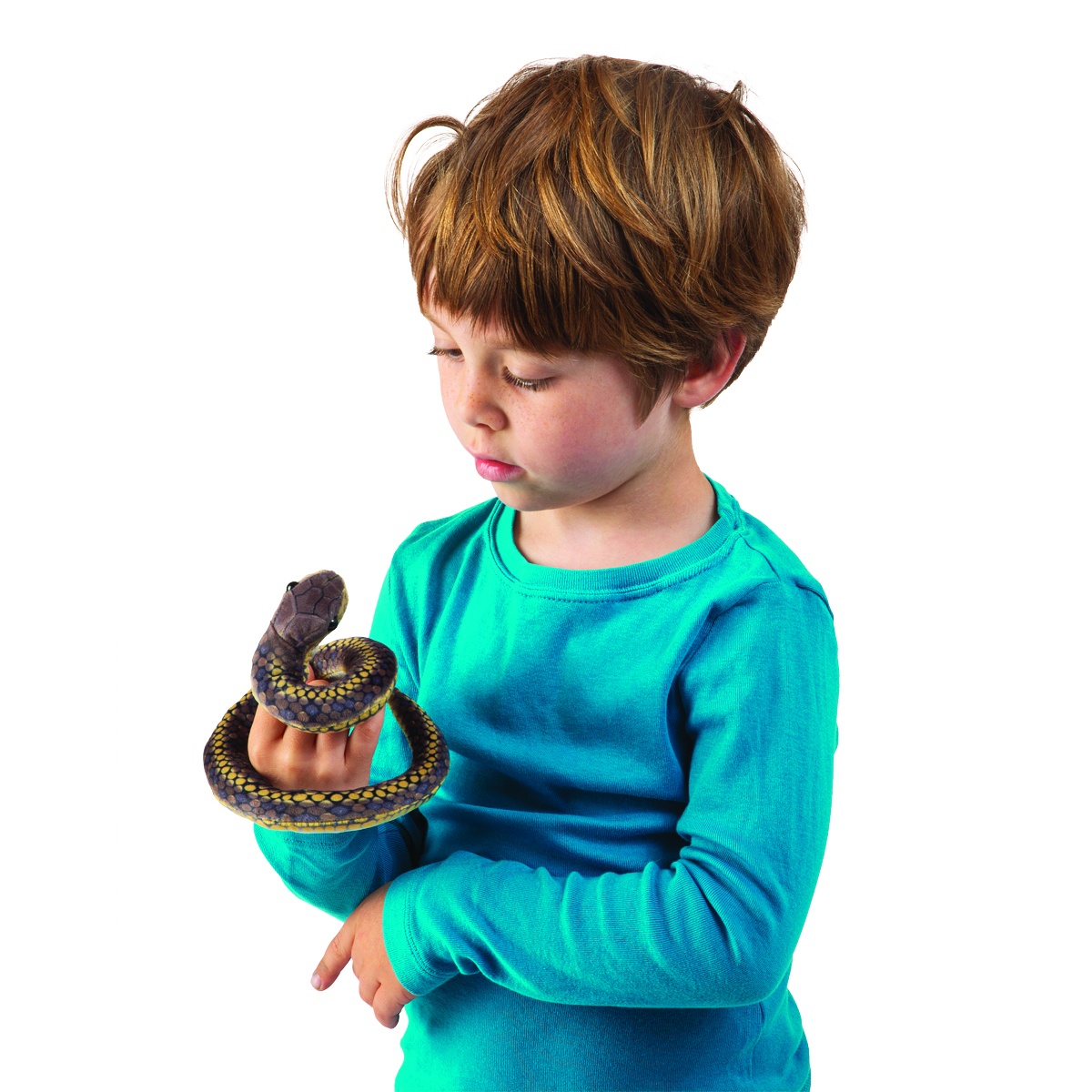 Boy holding a Folkmanis mini snake finger puppet with a yellow scale pattern, coiled on his hand