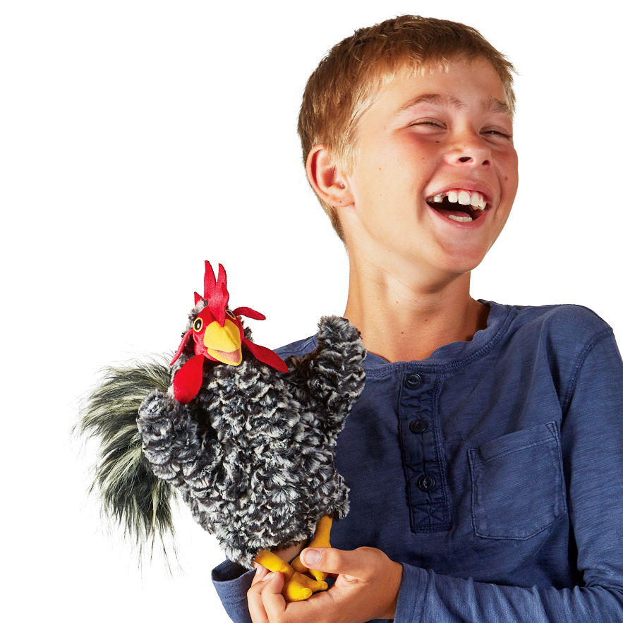 Lachender Junge hält die Folkmanis Handpuppe Hahn mit grau-meliertem Plüsch, rotem Kamm und gelben Krallen in den Händen.