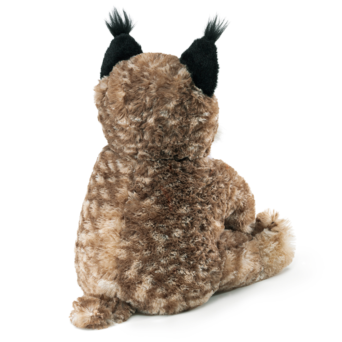 Folkmanis Handpuppe Luchsbaby von hinten, braun-meliertes Plüschfell, schwarze Ohren mit markanten Haarpinseln, sitzende Pose