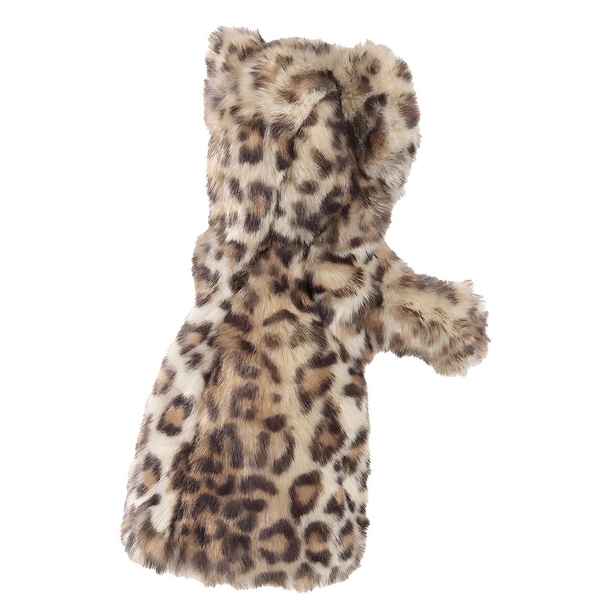 Folkmanis Handpuppe Leopardenjunges mit beigem Fell und dunklen Flecken, Rückenansicht mit seitlich ausgestrecktem Arm