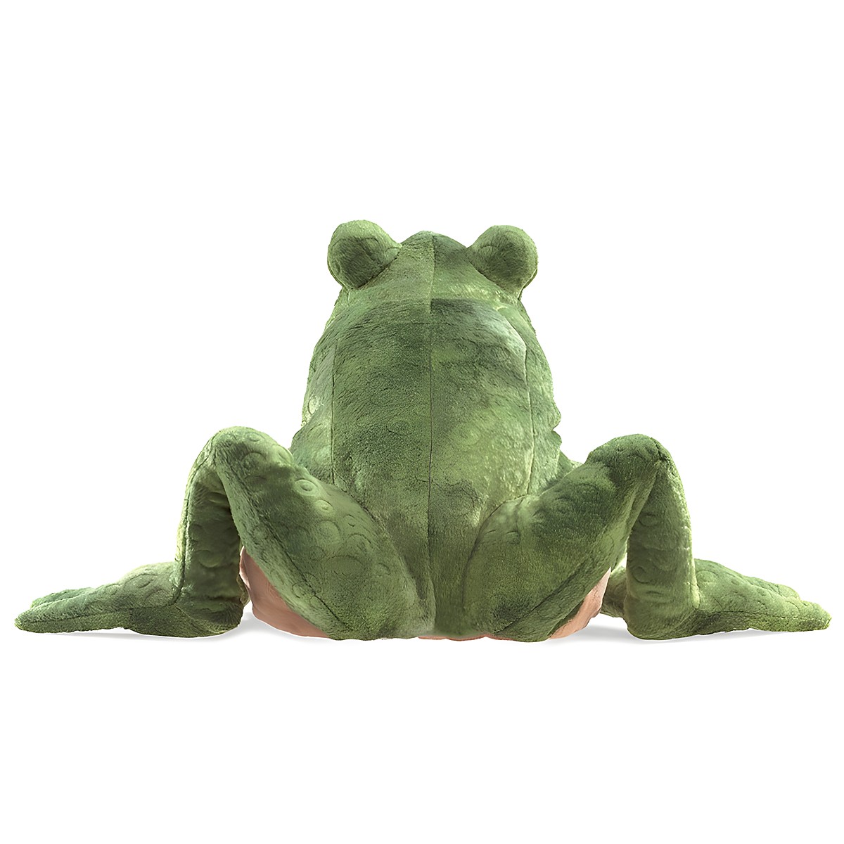 Folkmanis toad hand puppet shown from the back with textured green-brown plush and splayed hind legs