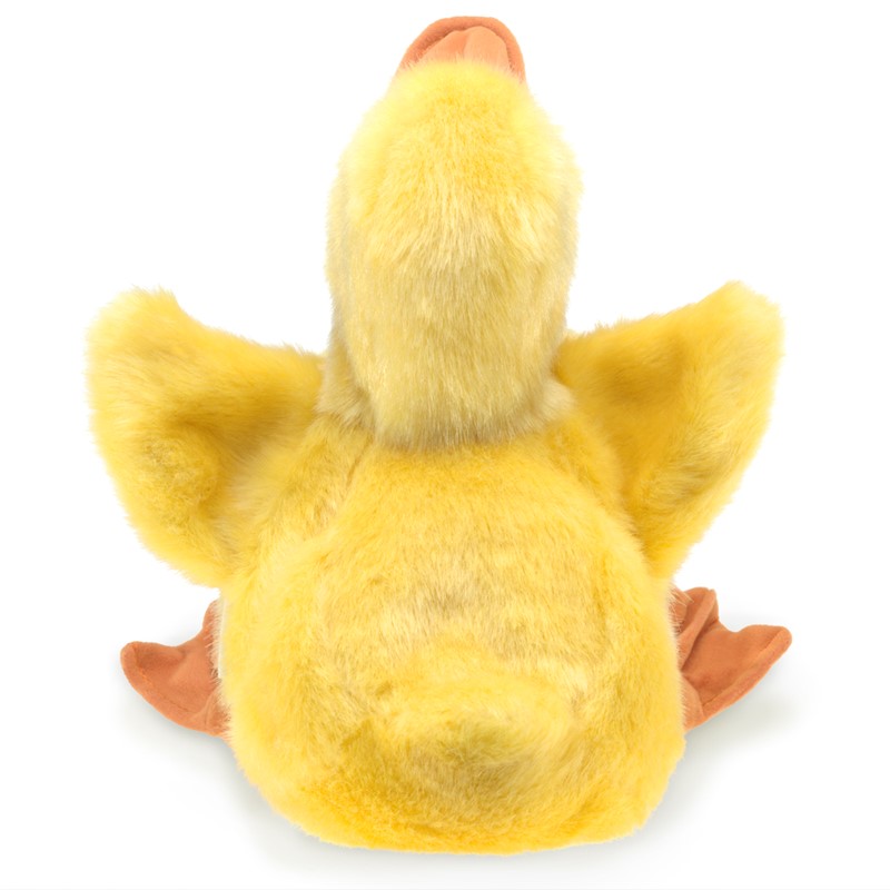 Folkmanis Handpuppe Entchen in Gelb, Rückenansicht mit ausgebreiteten Flügeln und orangefarbenem Schnabel