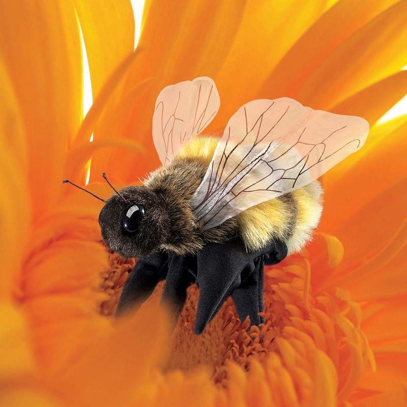 Folkmanis hand puppet bee with a black-and-yellow plush body and transparent wings, photographed from above on an orange flower