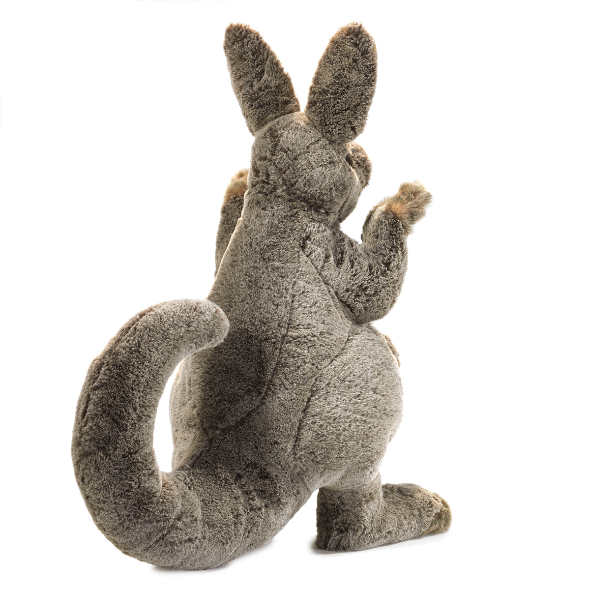 Folkmanis hand puppet kangaroo with baby in grey-brown, rear view, sitting kangaroo with visible joey in pouch
