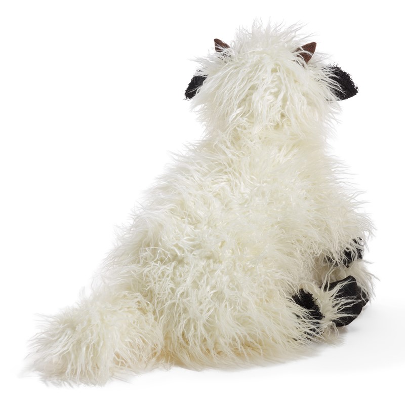 Folkmanis Handpuppe Walliser Schwarznasenschaf von hinten: langes weißes Zottelfell, schwarze Ohren und Hufe, kleine braune Hörner