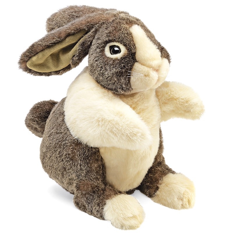 Folkmanis Handpuppe Holländer-Kaninchen in Braun-Beige mit Hängeohren, aufgerichtet sitzend, Seitenansicht