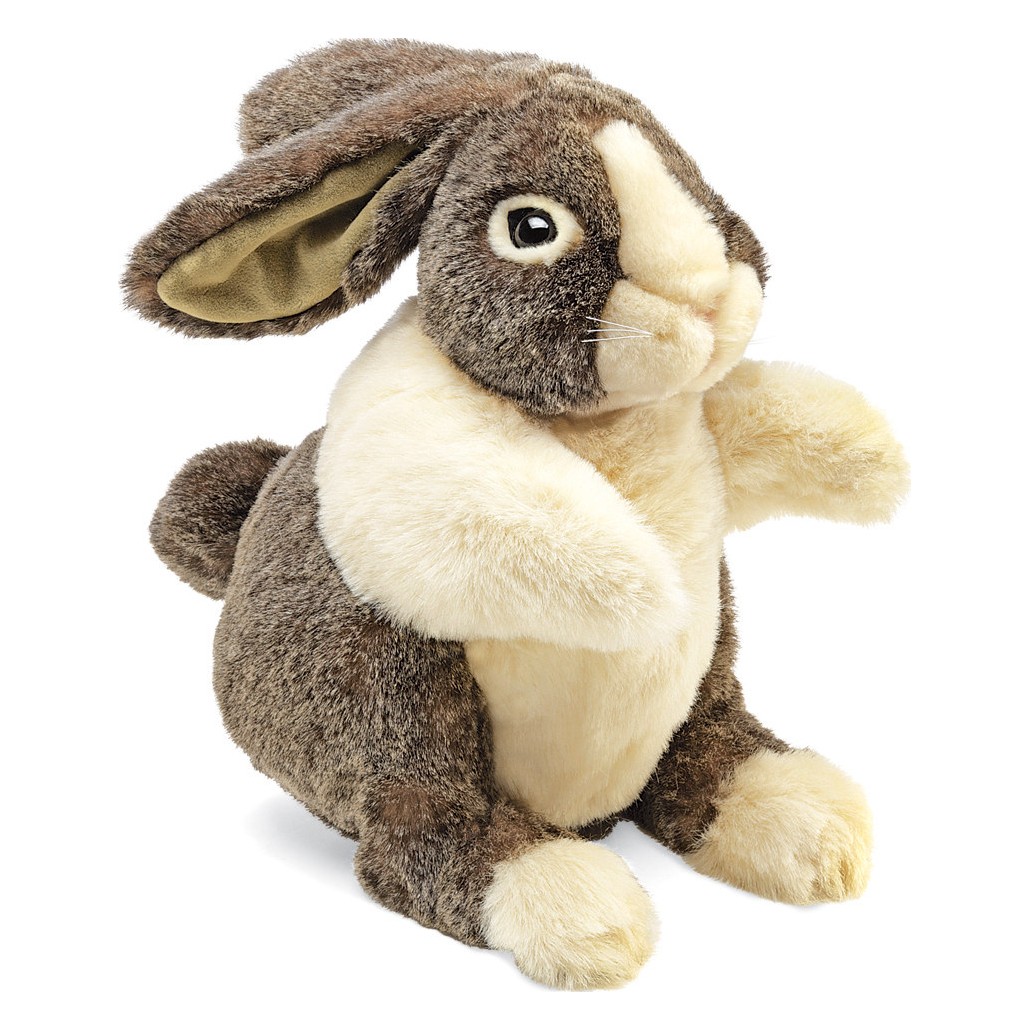 Folkmanis Handpuppe Holländer-Kaninchen in Braun-Beige mit Hängeohren, aufgerichtet sitzend, Seitenansicht
