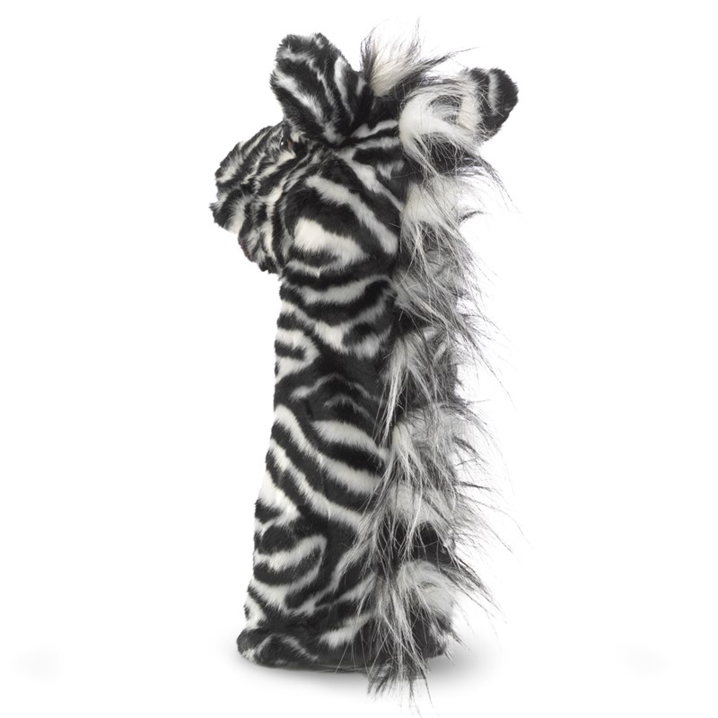 Folkmanis Zebra Handpuppe in Seitenansicht mit schwarz-weißem Streifenmuster und zotteliger Mähne