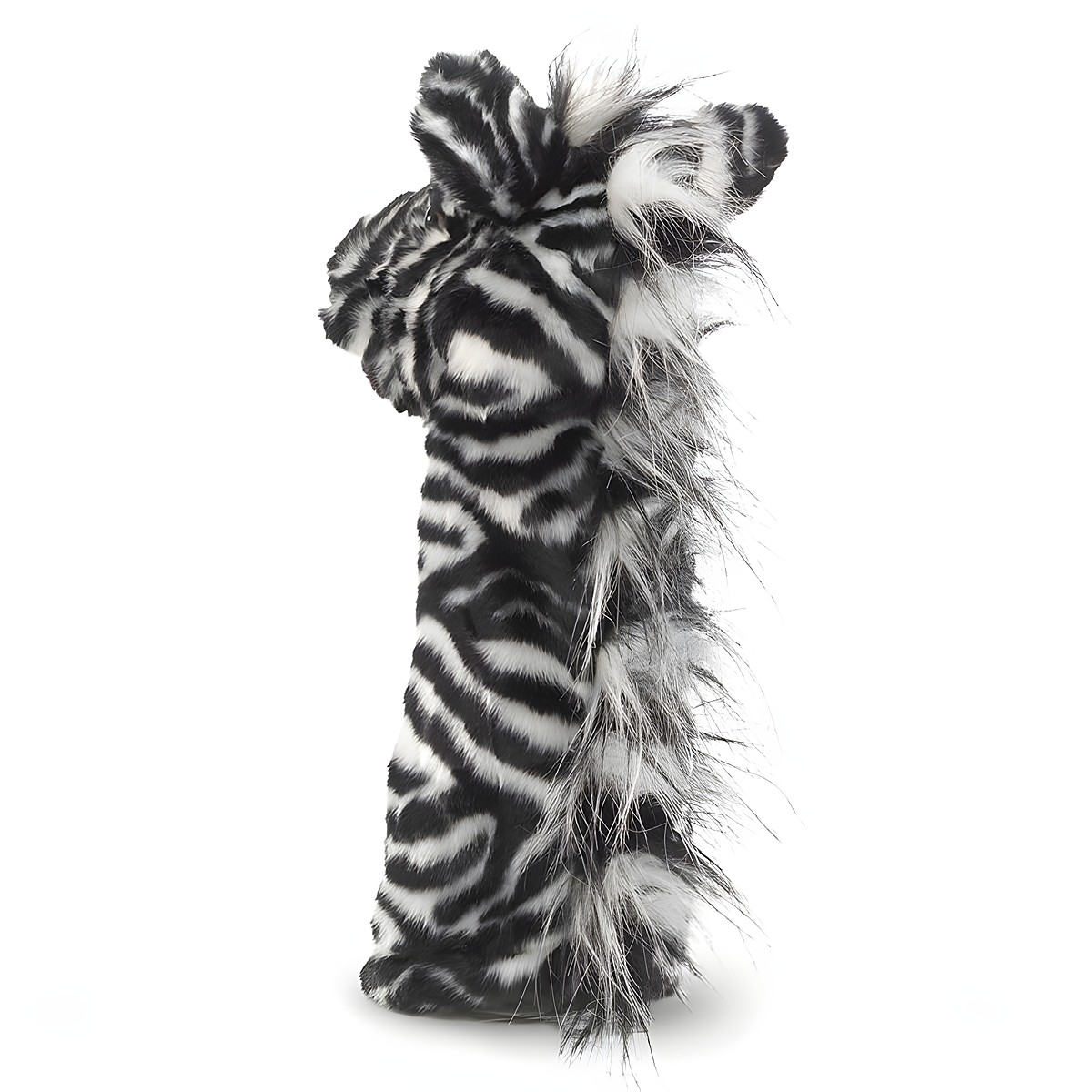 Folkmanis Zebra Handpuppe in Seitenansicht mit schwarz-weißem Streifenmuster und zotteliger Mähne