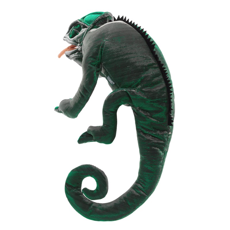 Folkmanis chameleon hand puppet in green-grey with a curled tail, dorsal crest and outstretched tongue, side view