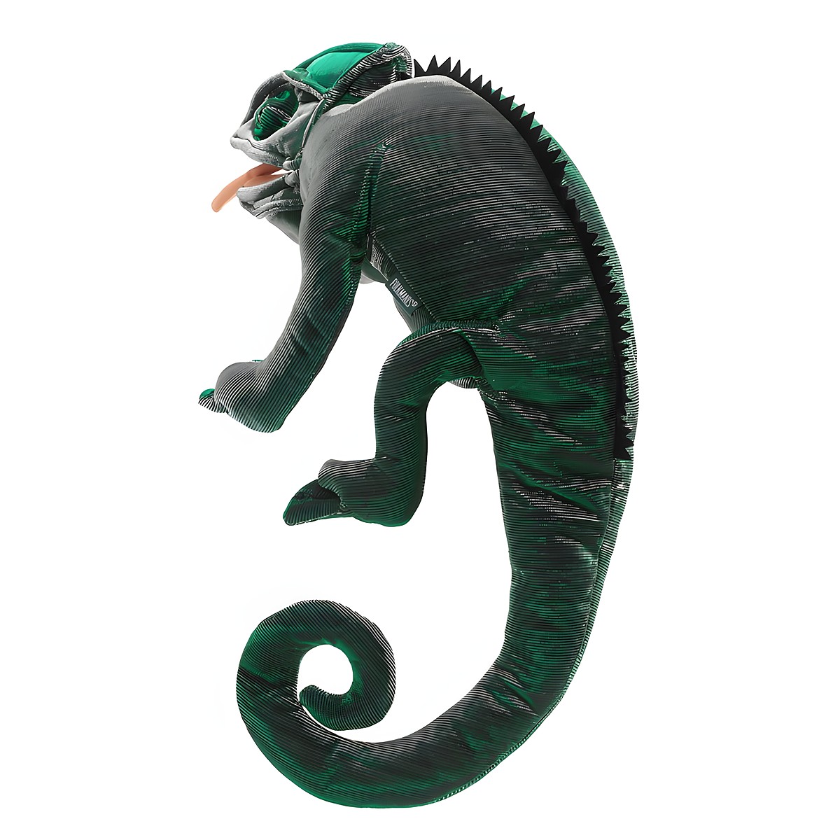 Folkmanis chameleon hand puppet in green-grey with a curled tail, dorsal crest and outstretched tongue, side view