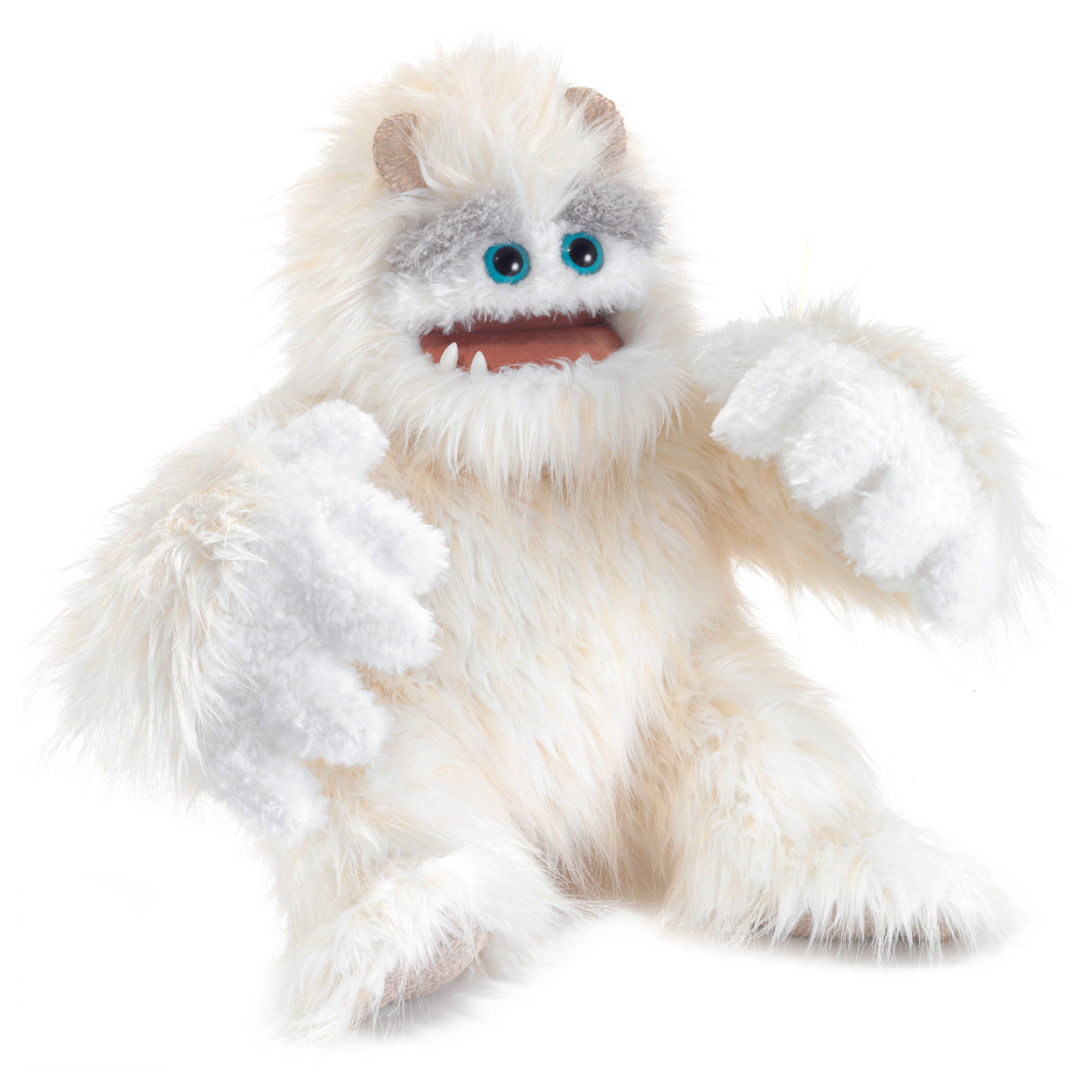 Folkmanis Yeti hand puppet with white long-pile fur, blue eyes, open mouth and outstretched arms, front view
