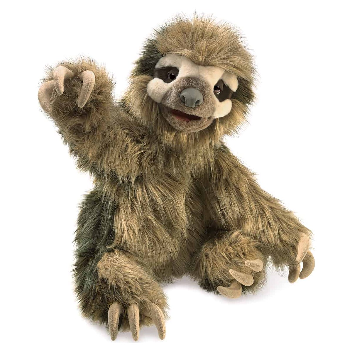 Folkmanis Handpuppe Dreifinger-Faultier mit zottigem braun-grünem Fell, beweglichem Mund und erhobener Krallenpfote