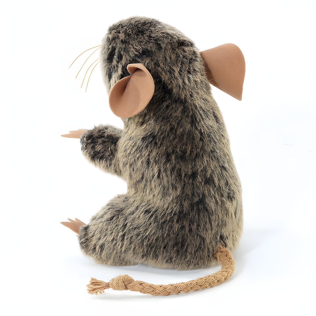 Folkmanis Fingerpuppe mini Feldmaus mit grau-braunem Fell, geflochtenen Schwanz und beigen Filzohren, Seitenansicht