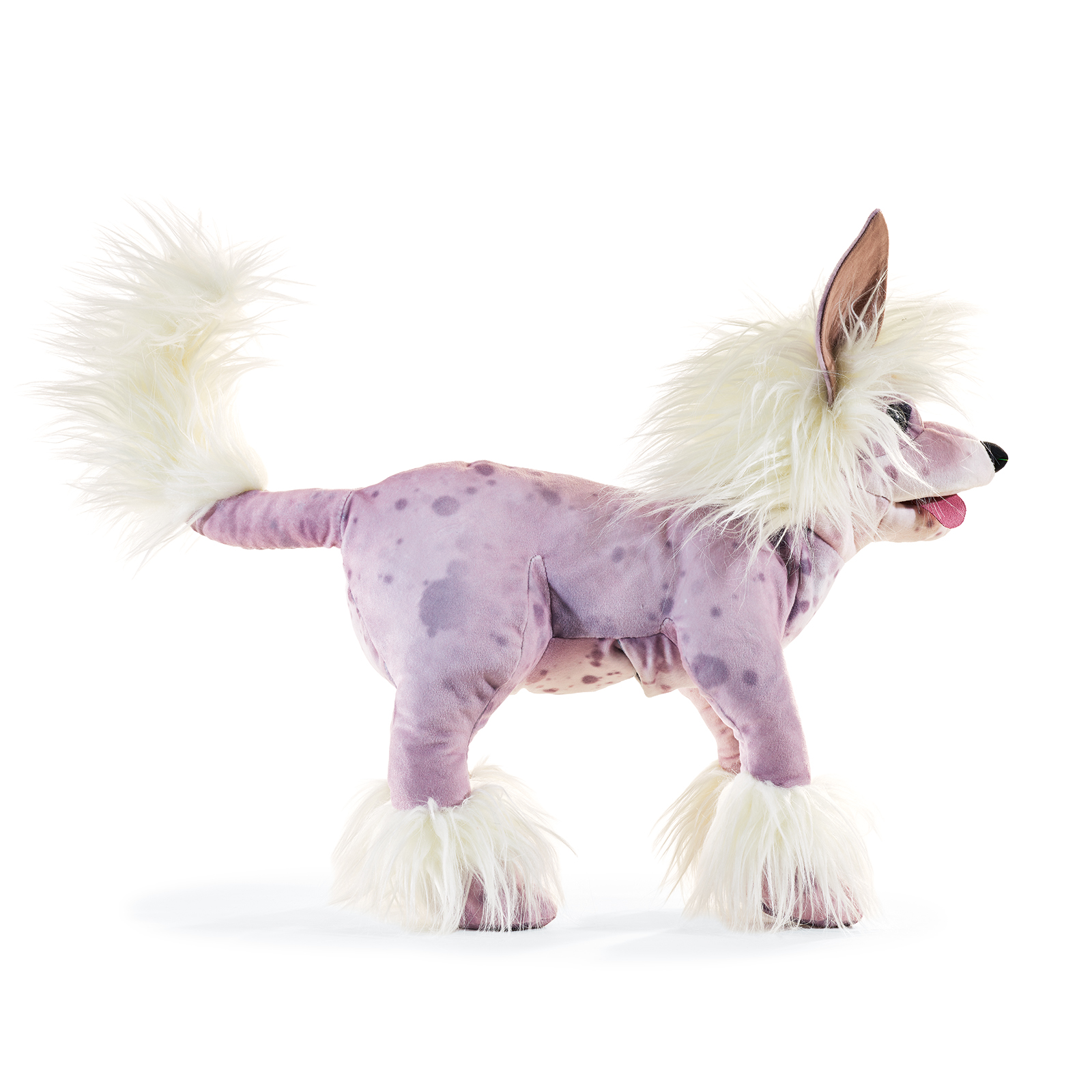 Folkmanis Handpuppe Chinesischer Schopfhund in Rosa-Lila mit weißem Fell an Kopf, Pfoten und Schwanz, Seitenansicht