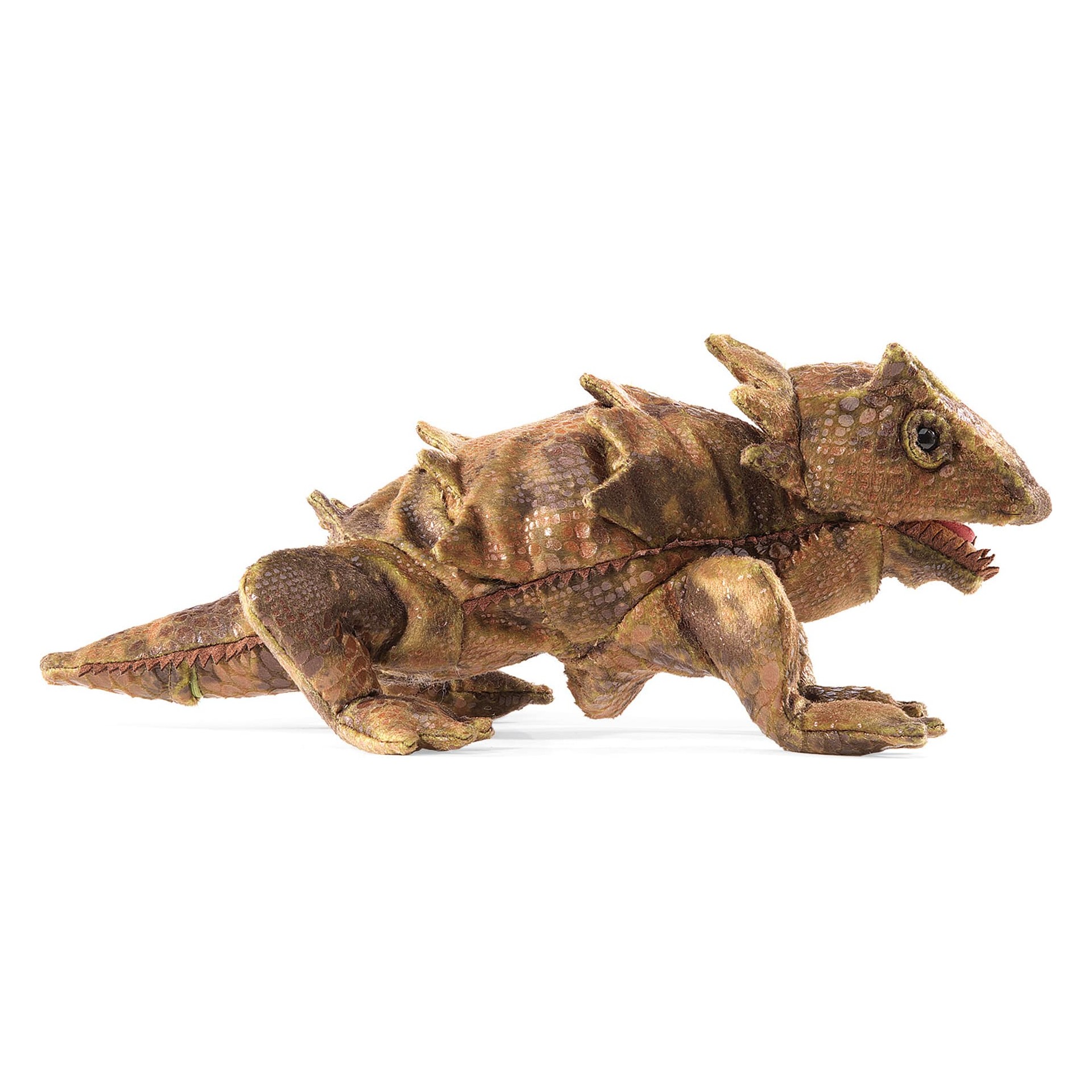 Folkmanis horned lizard hand puppet in brown-green with detailed scale texture, spines and open mouth, side view