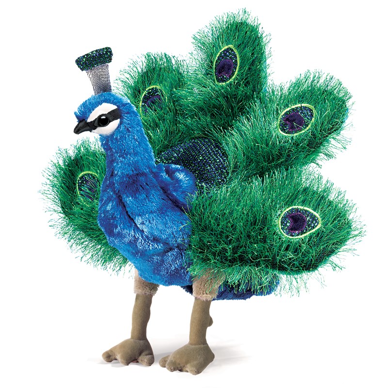 Folkmanis Handpuppe kleiner Pfau mit aufgefächertem grünem Schwanzrad und blauem Plüschkörper, Seitenansicht