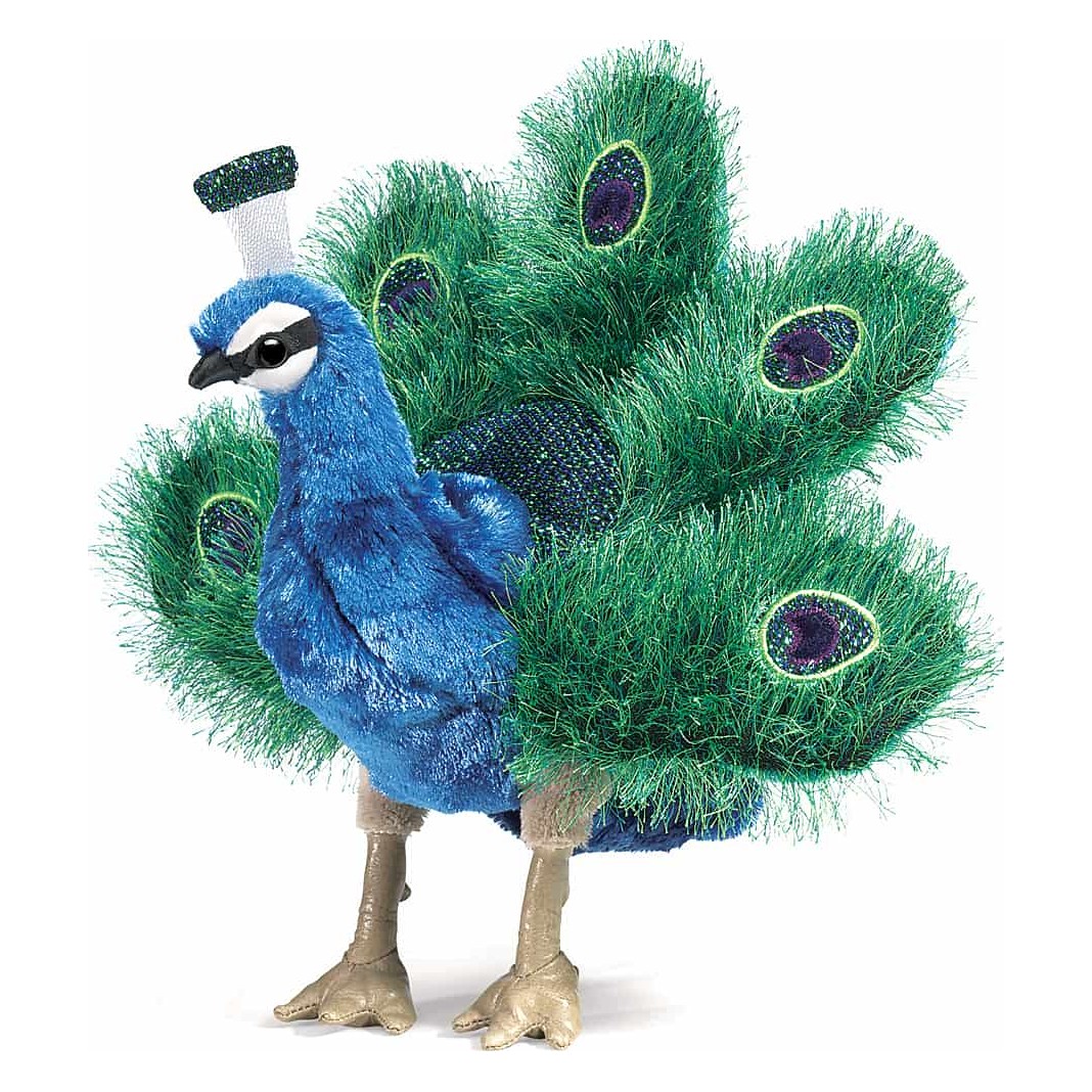 Folkmanis Handpuppe kleiner Pfau mit aufgefächertem grünem Schwanzrad und blauem Plüschkörper, Seitenansicht