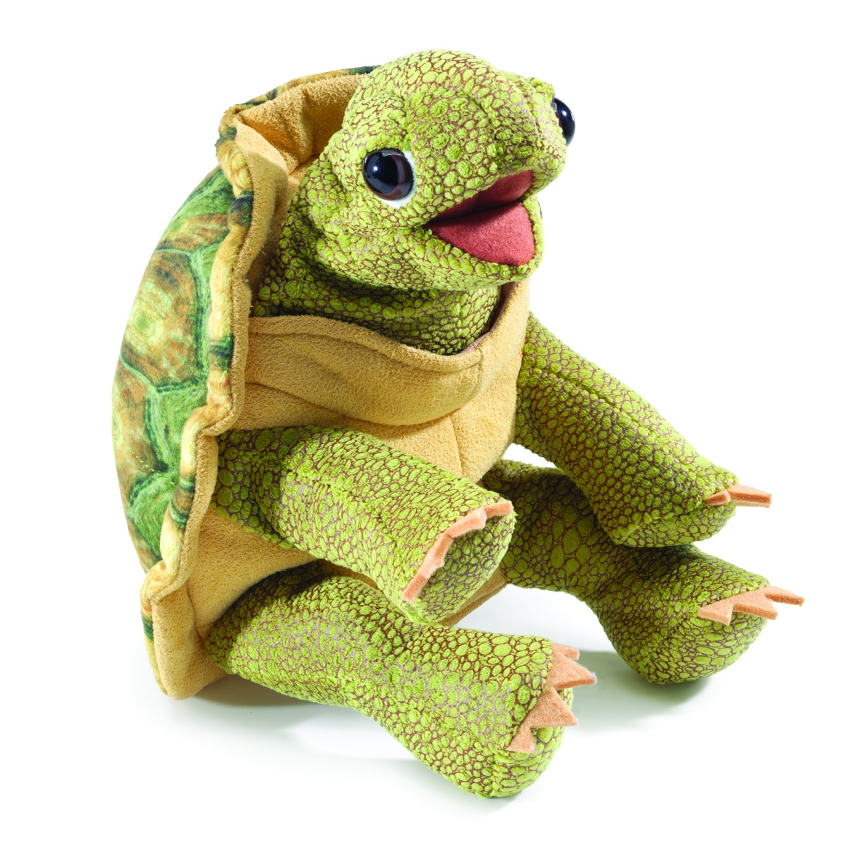 Folkmanis Handpuppe stehende Schildkröte mit geöffnetem Mund, grün gemustertem Plüschkörper und aufklappbarem Panzer, Schrägansicht
