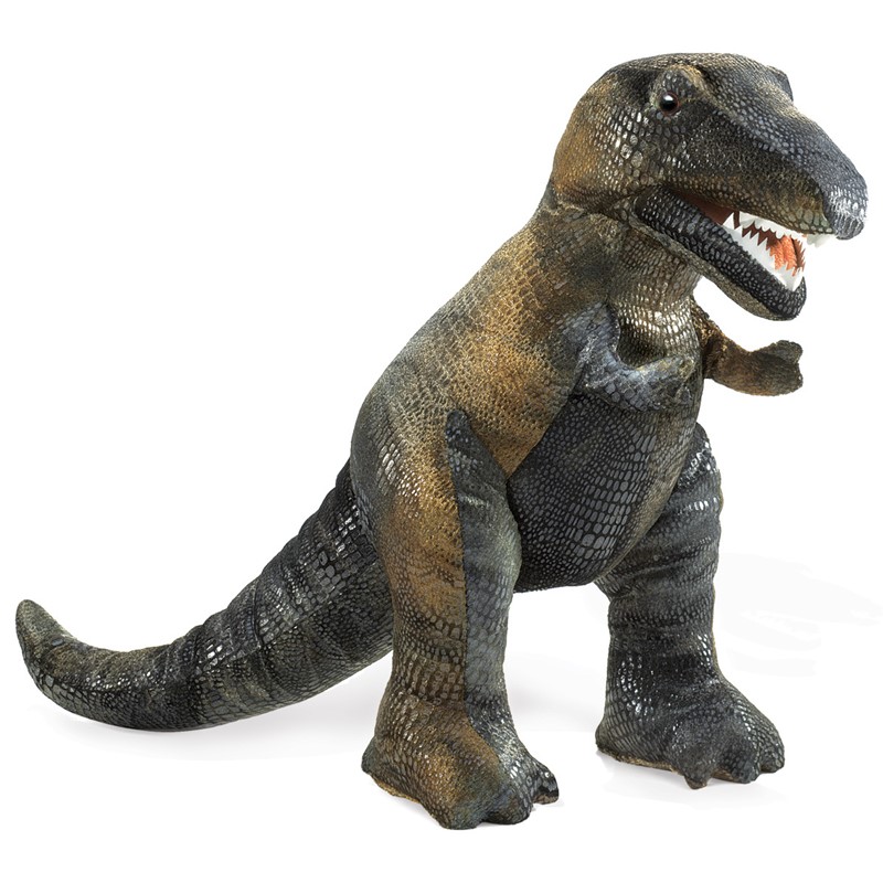 Folkmanis Handpuppe kleiner Tyrannosaurus Rex in Schrägansicht, olivgrün-schwarzes Schuppenmuster, geöffnetes Maul mit weißen Zähnen